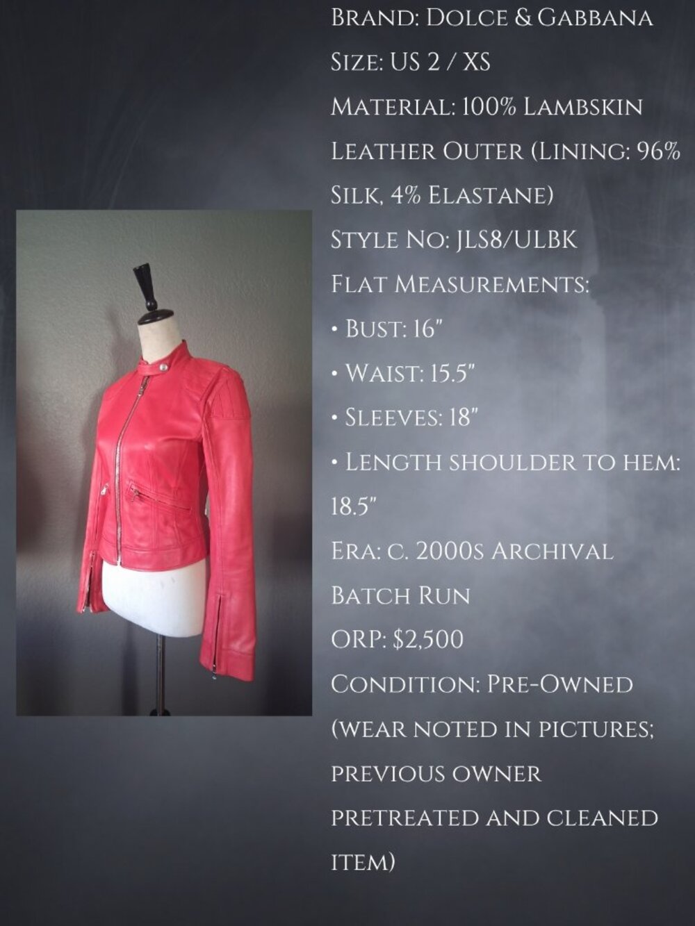 🪦 Dolce & Gabbana Archival Red Lambskin Biker Jacket Size US 2 / XS 🪦